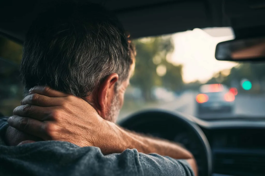 A man with whiplash in his car on a road in ballina, northern rivers, nsw