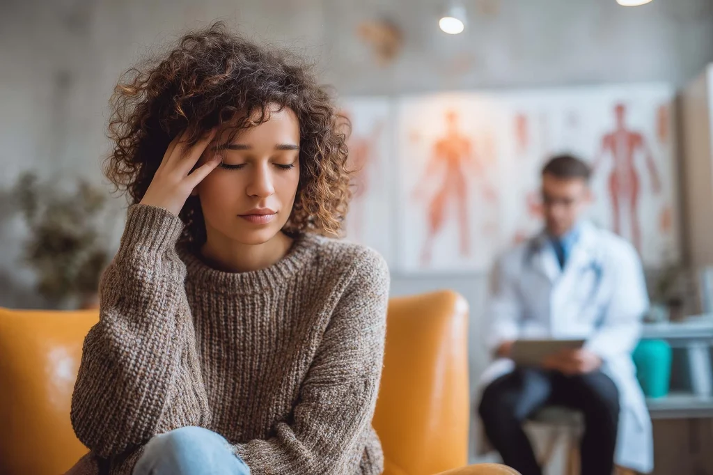 A woman suffering with post concussion fatigue in the office of an osteopath at a concussion clinic in northern rivers, nsw